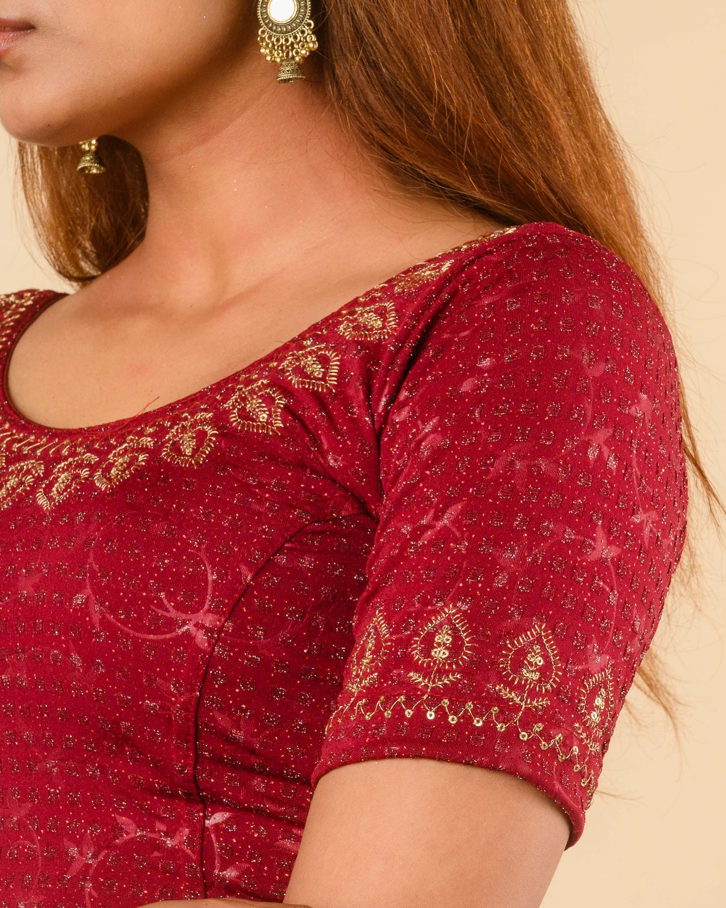 Zubaida Maroon Gold Zari Sequin Embroidered Stretchable Saree Blouse Advi