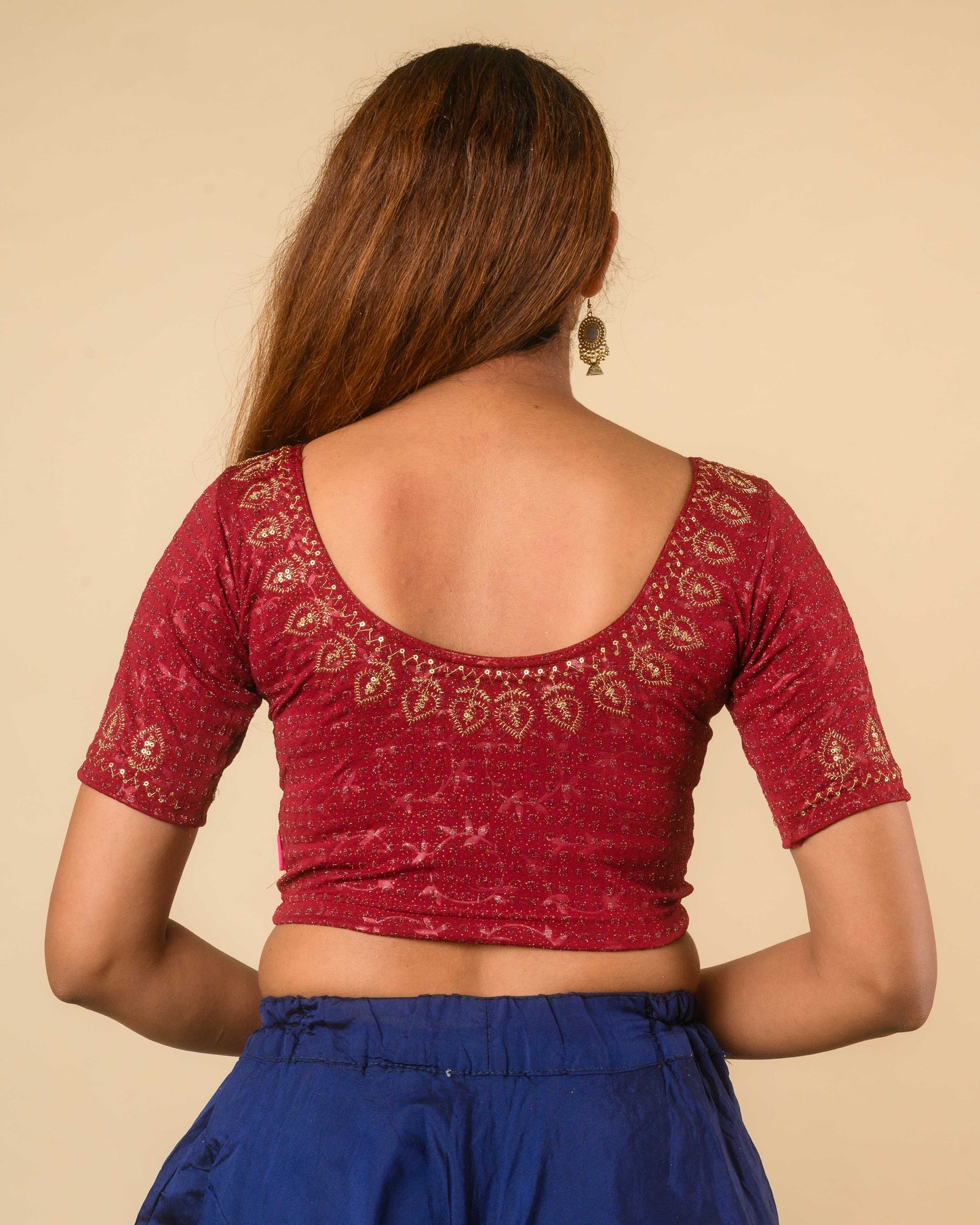 Zubaida Maroon Gold Zari Sequin Embroidered Stretchable Saree Blouse Advi