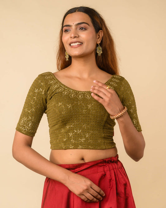 Zubaida Mehendi Zari Sequin Embroidered Stretchable Saree Blouse Advi