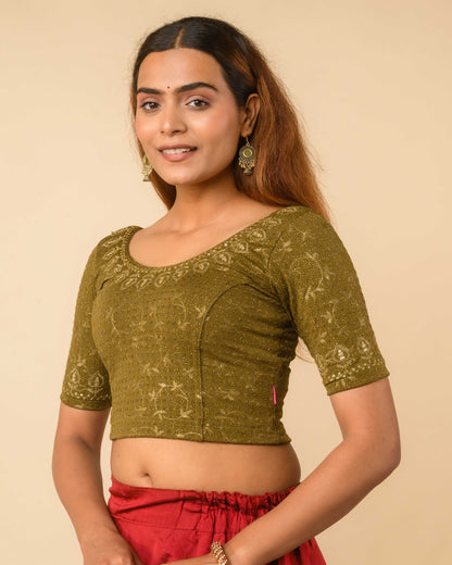 Zubaida Mehendi Zari Sequin Embroidered Stretchable Saree Blouse Advi