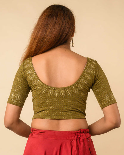 Zubaida Mehendi Zari Sequin Embroidered Stretchable Saree Blouse Advi