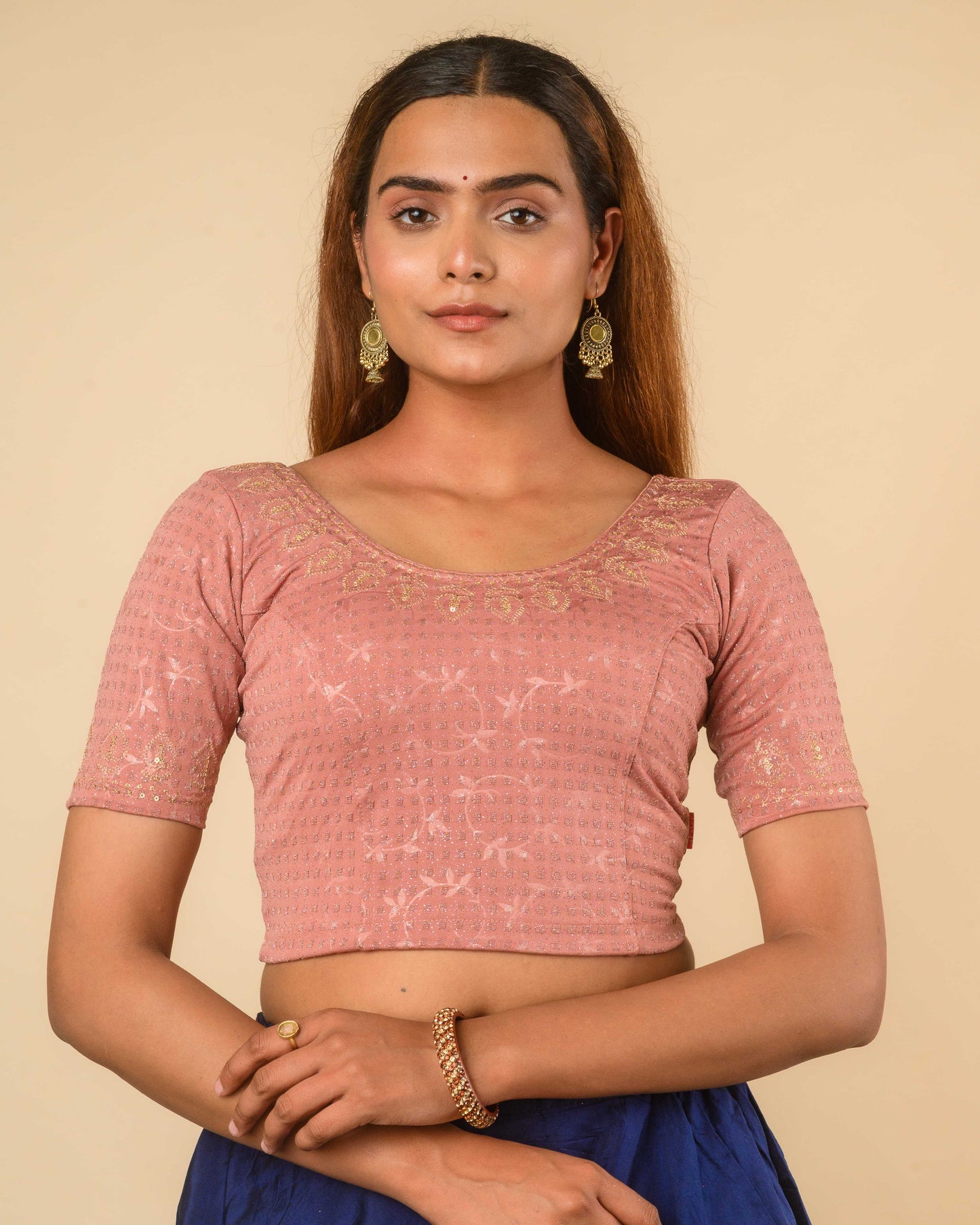 Zubaida Mocha Gold Zari Sequin Embroidered Stretchable Saree Blouse Advi