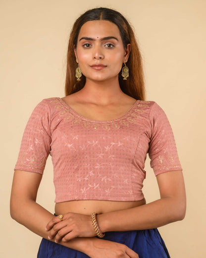 Zubaida Mocha Gold Zari Sequin Embroidered Stretchable Saree Blouse Advi