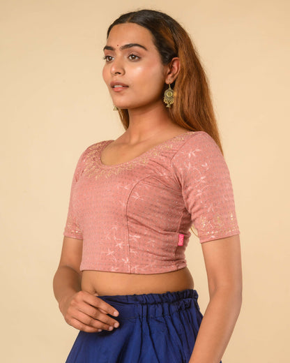 Zubaida Mocha Gold Zari Sequin Embroidered Stretchable Saree Blouse Advi