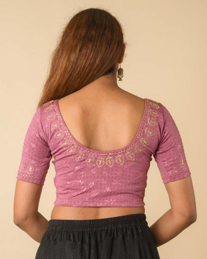 Zubaida Onion Pink Zari Sequin Embroidered Stretchable Saree Blouse Advi