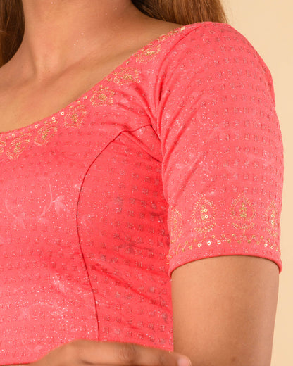 Zubaida Peach Gold Zari Sequin Embroidered Stretchable Saree Blouse Advi