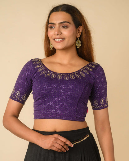 Zubaida Purple Zari Sequin Embroidered Stretchable Saree Blouse Advi