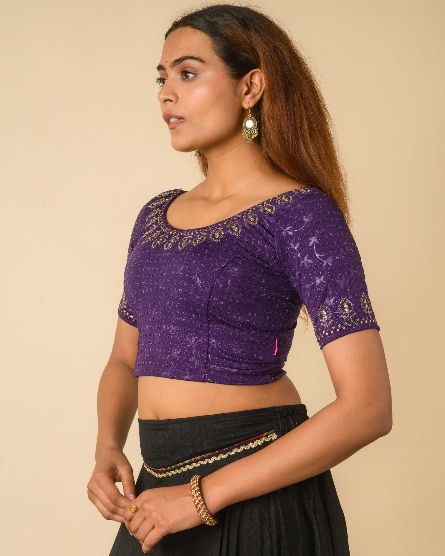 Zubaida Purple Zari Sequin Embroidered Stretchable Saree Blouse Advi
