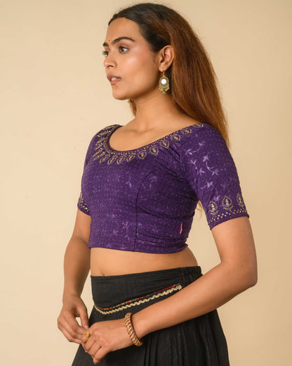 Zubaida Purple Zari Sequin Embroidered Stretchable Saree Blouse Advi