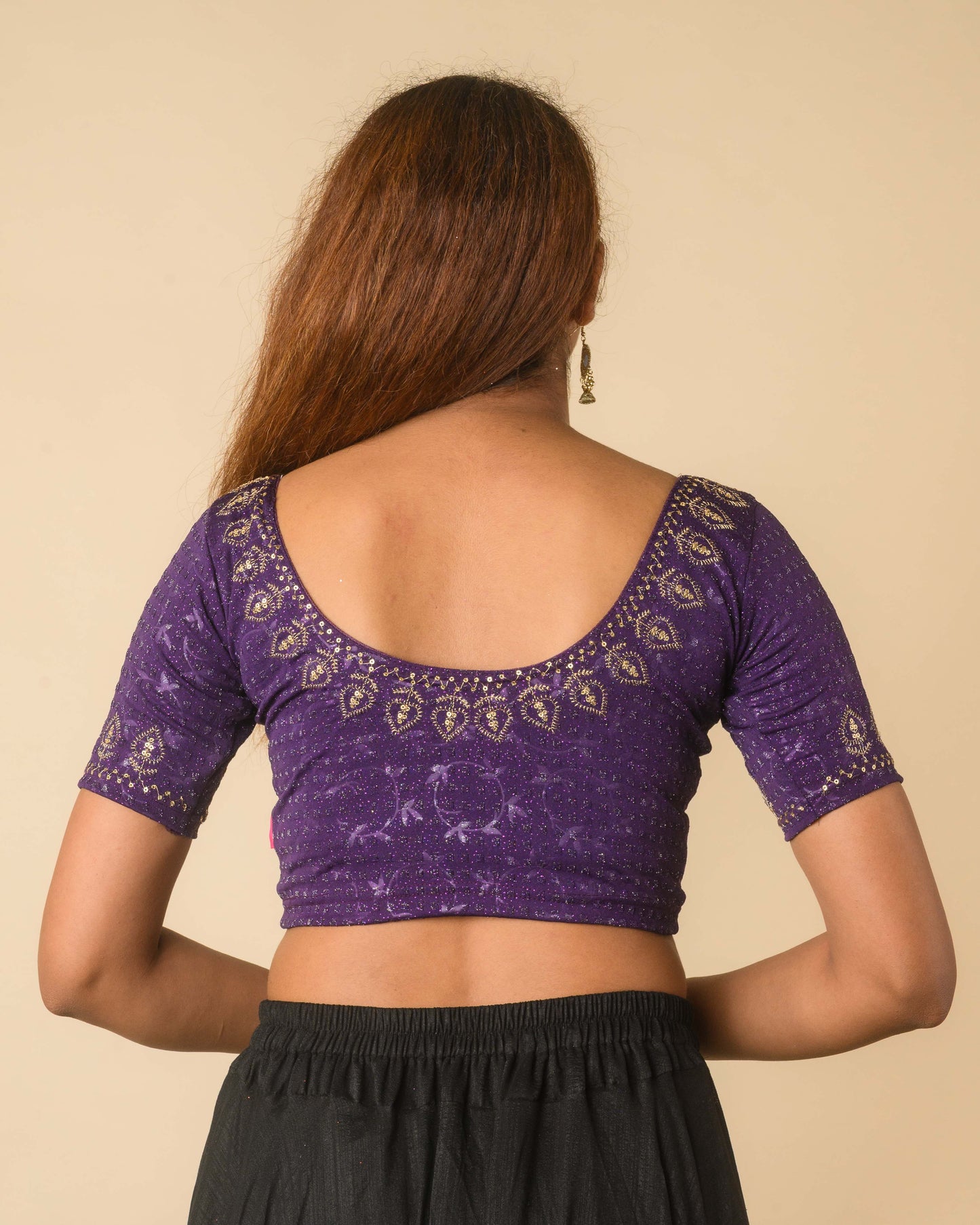 Zubaida Purple Zari Sequin Embroidered Stretchable Saree Blouse Advi