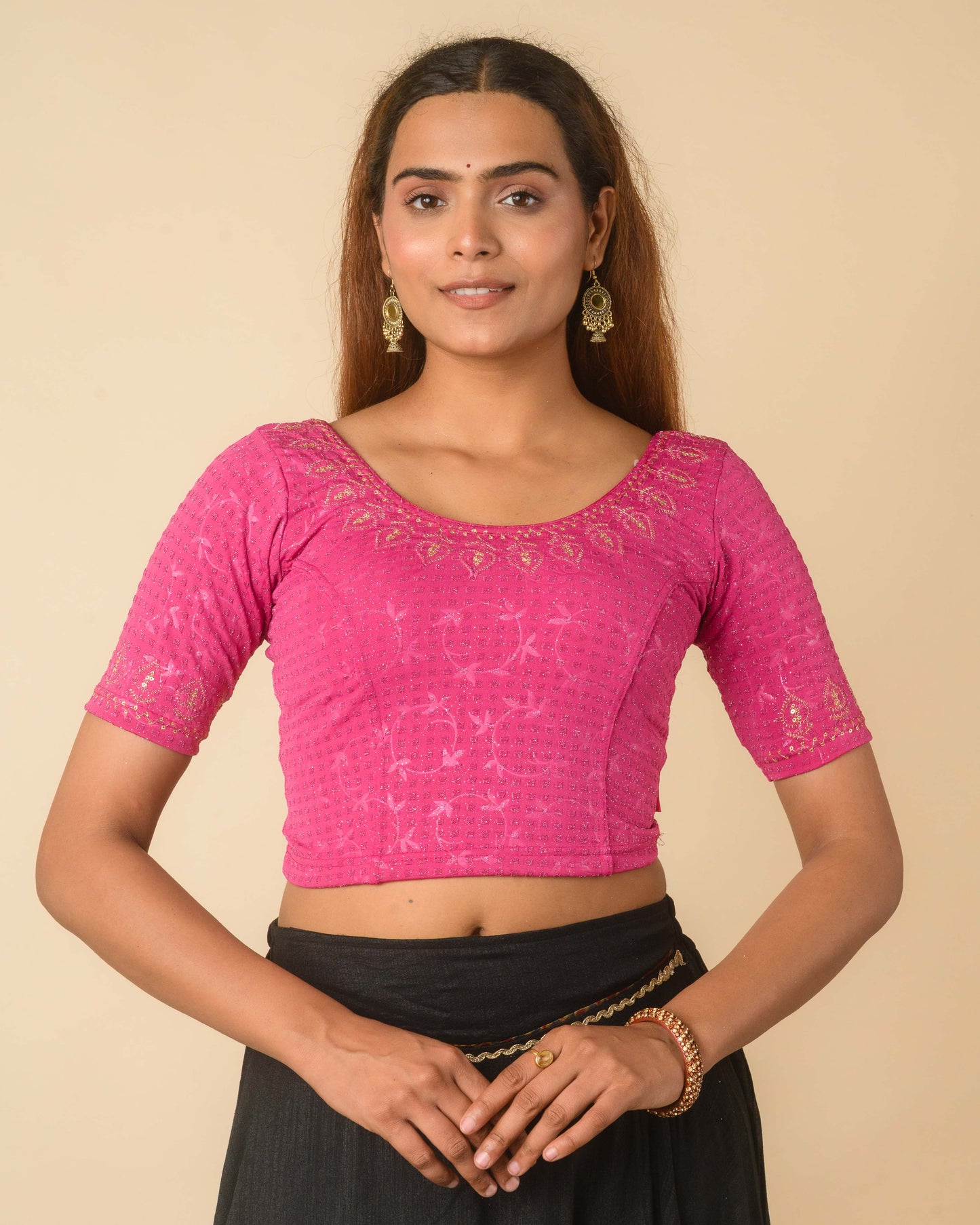 Zubaida Rani Pink Zari Sequin Embroidered Stretchable Saree Blouse Advi