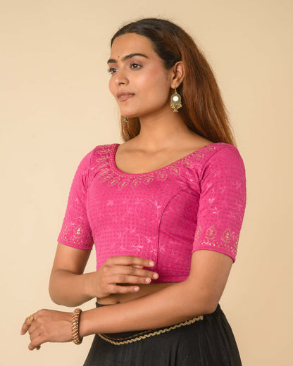Zubaida Rani Pink Zari Sequin Embroidered Stretchable Saree Blouse Advi