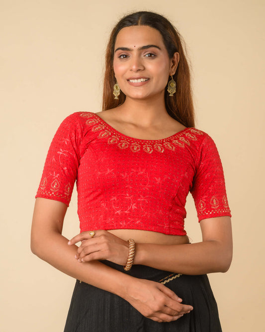 Zubaida Red Zari Sequin Embroidered Stretchable Saree Blouse Advi