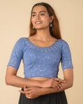 Zubaida Steel Blue Silver Zari Sequin Embroidered Stretchable Saree Blouse Advi