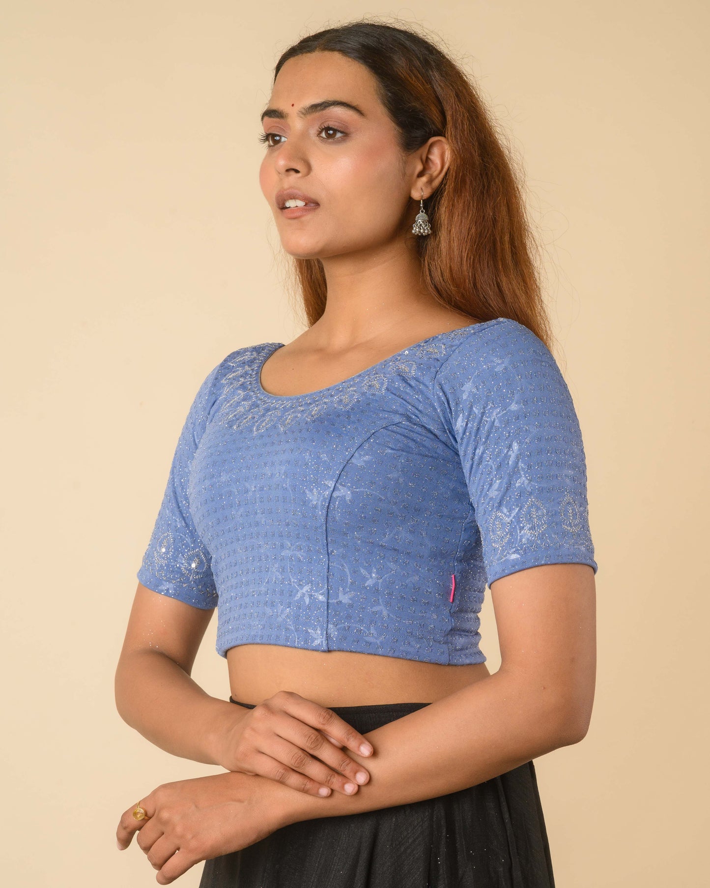 Zubaida Steel Blue Silver Zari Sequin Embroidered Stretchable Saree Blouse Advi