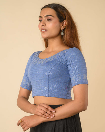 Zubaida Steel Blue Silver Zari Sequin Embroidered Stretchable Saree Blouse Advi