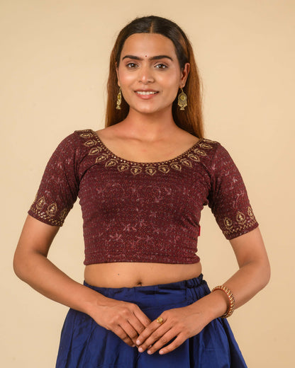 Zubaida Wine Gold Zari Sequin Embroidered Stretchable Saree Blouse Advi