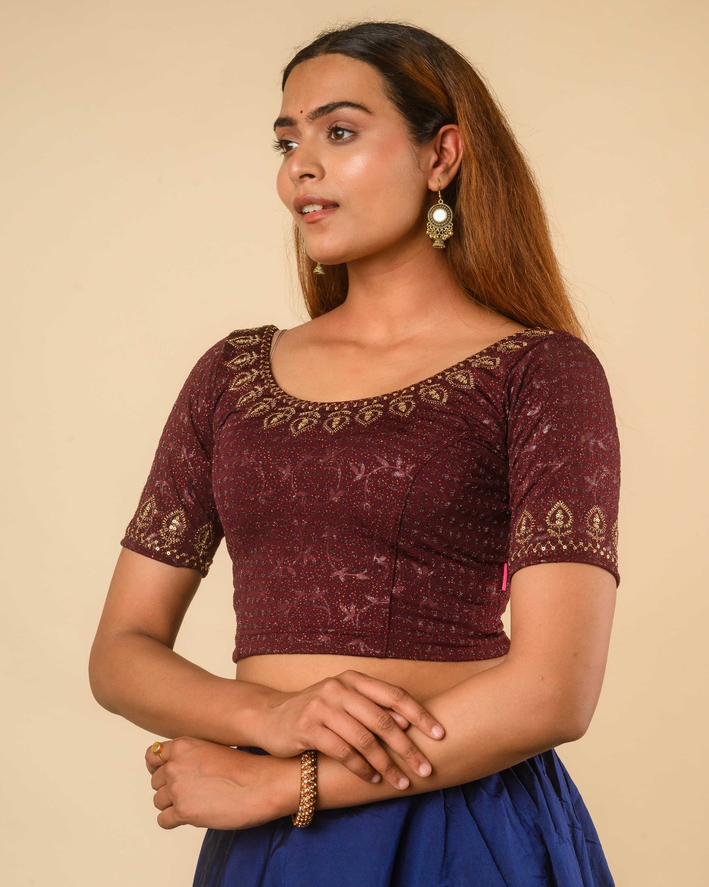 Zubaida Wine Gold Zari Sequin Embroidered Stretchable Saree Blouse Advi