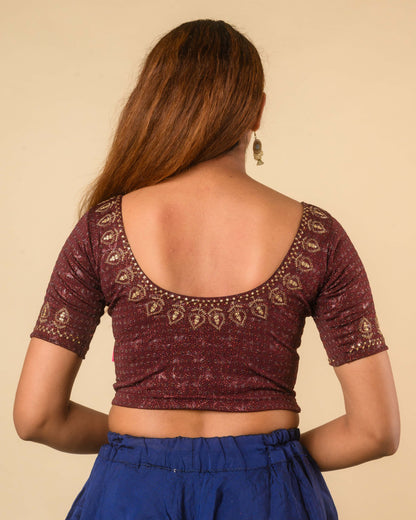 Zubaida Wine Gold Zari Sequin Embroidered Stretchable Saree Blouse Advi