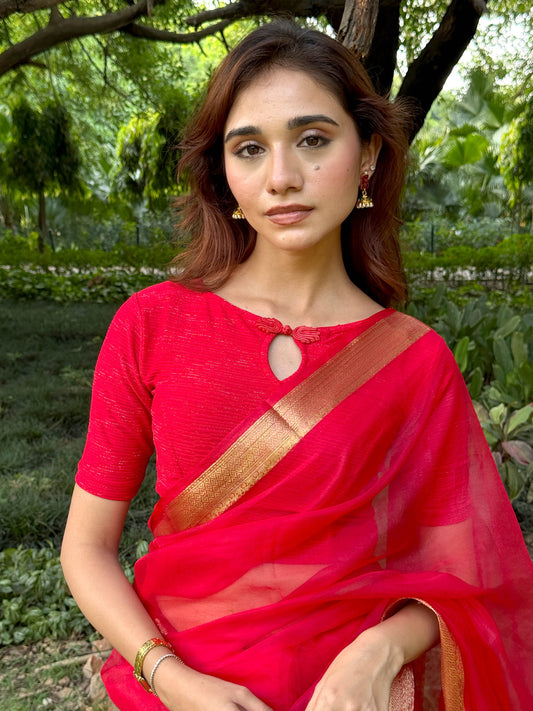 Maisha Red Striped Zari Stretchable Saree Blouse Advi