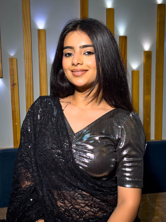 Sultana Gunmetal Gray Metallic Puff Sleeve Stretchable Saree Blouse Advi