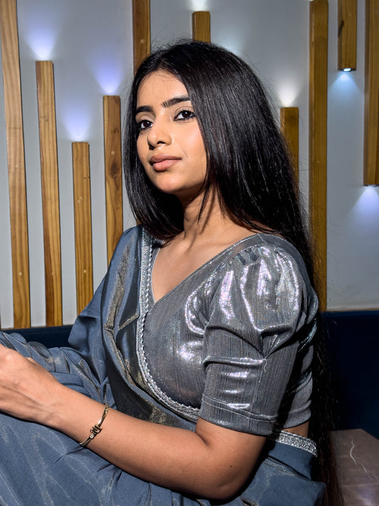 Sultana Silver Black Metallic Puff Sleeve Stretchable Saree Blouse Advi