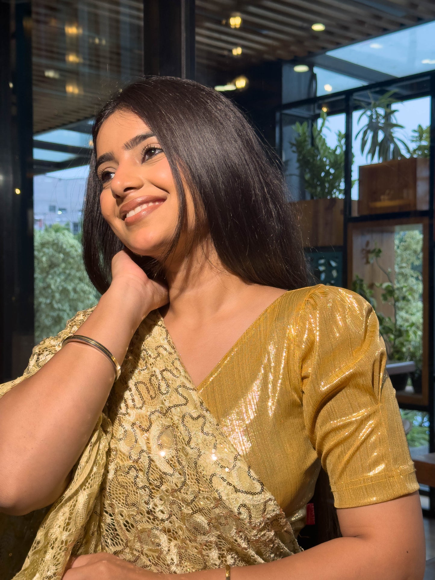 Sultana Yellow Gold Metallic Puff Sleeve Stretchable Saree Blouse Advi
