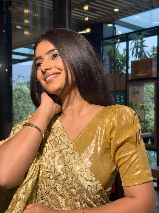 Sultana Yellow Gold Metallic Puff Sleeve Stretchable Saree Blouse Advi