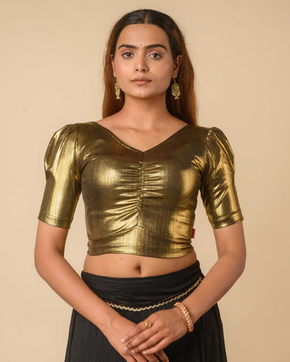 Sultana Black Gold Metallic Puff Sleeve Stretchable Saree Blouse Advi