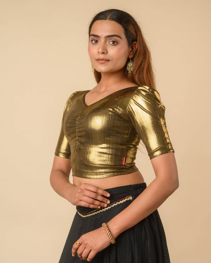Sultana Black Gold Metallic Puff Sleeve Stretchable Saree Blouse Advi