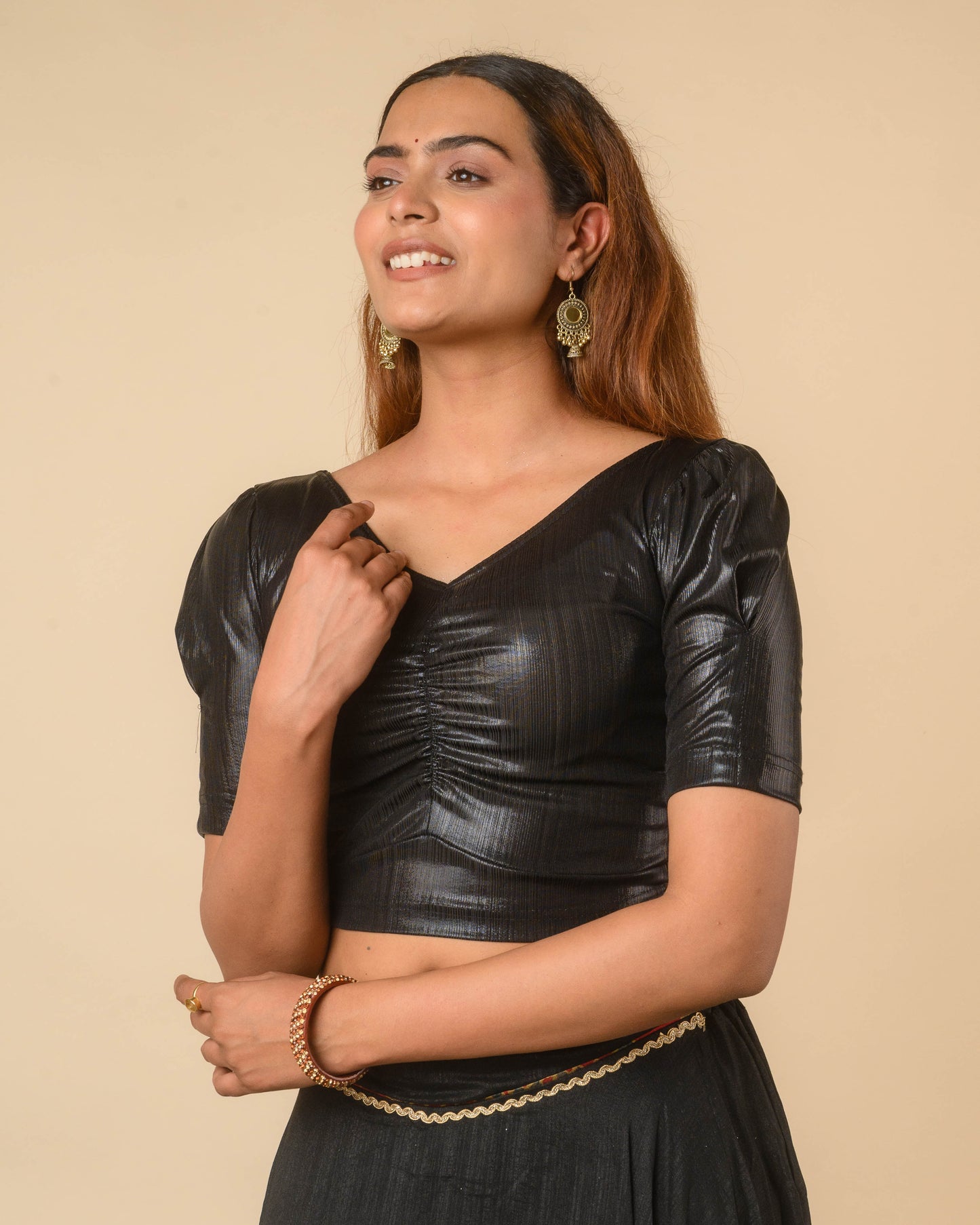 Sultana Metallic Black Puff Sleeve Stretchable Saree Blouse Advi