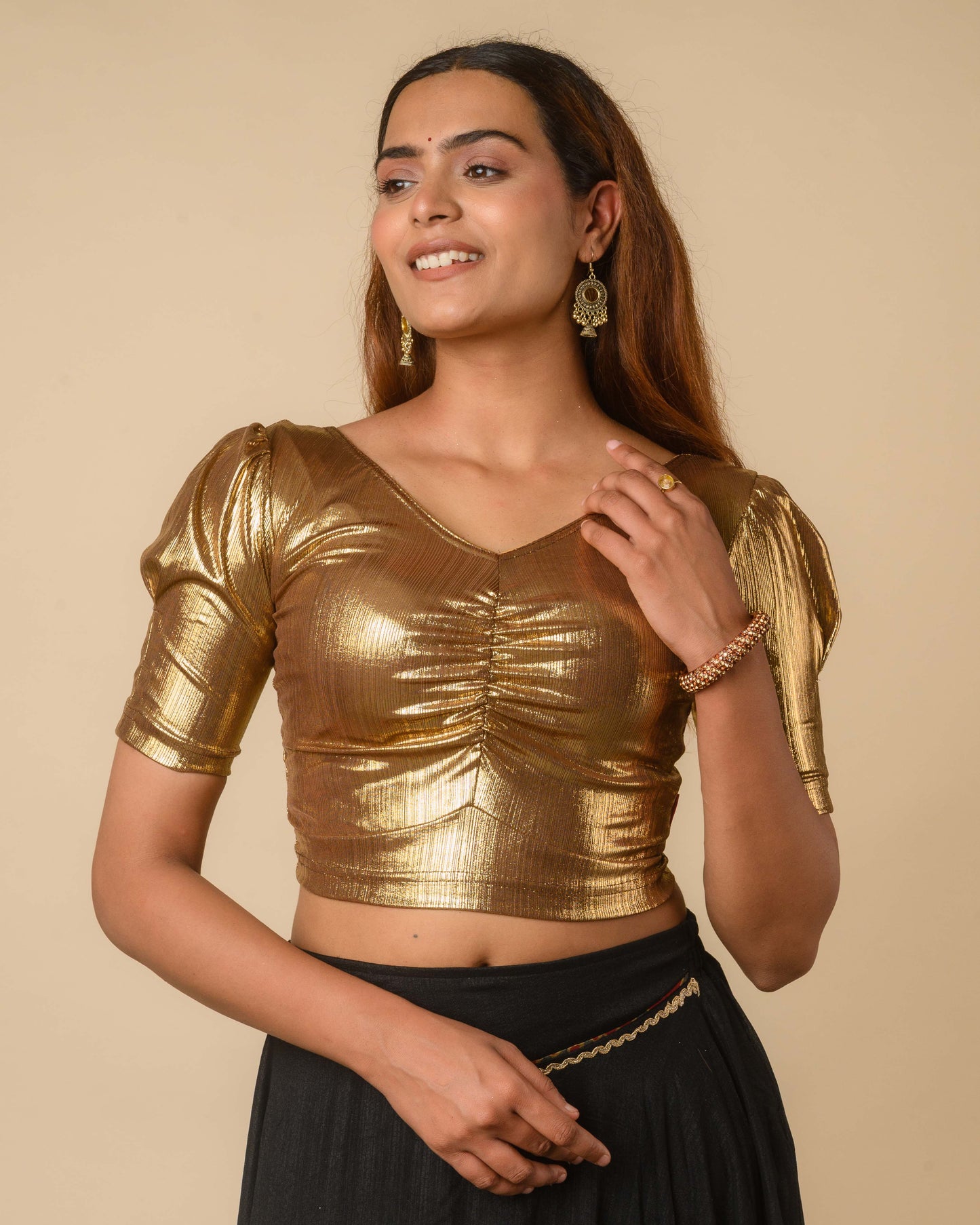 Sultana Chocolate Gold Metallic Puff Sleeve Stretchable Saree Blouse Advi