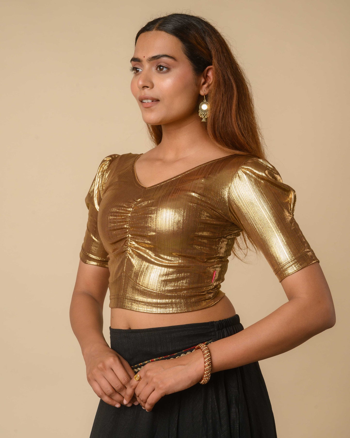 Sultana Chocolate Gold Metallic Puff Sleeve Stretchable Saree Blouse Advi