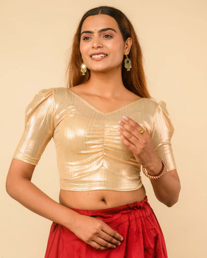 Sultana Ivory Gold Metallic Puff Sleeve Stretchable Saree Blouse Advi