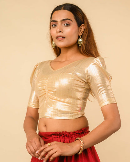 Sultana Ivory Gold Metallic Puff Sleeve Stretchable Saree Blouse Advi