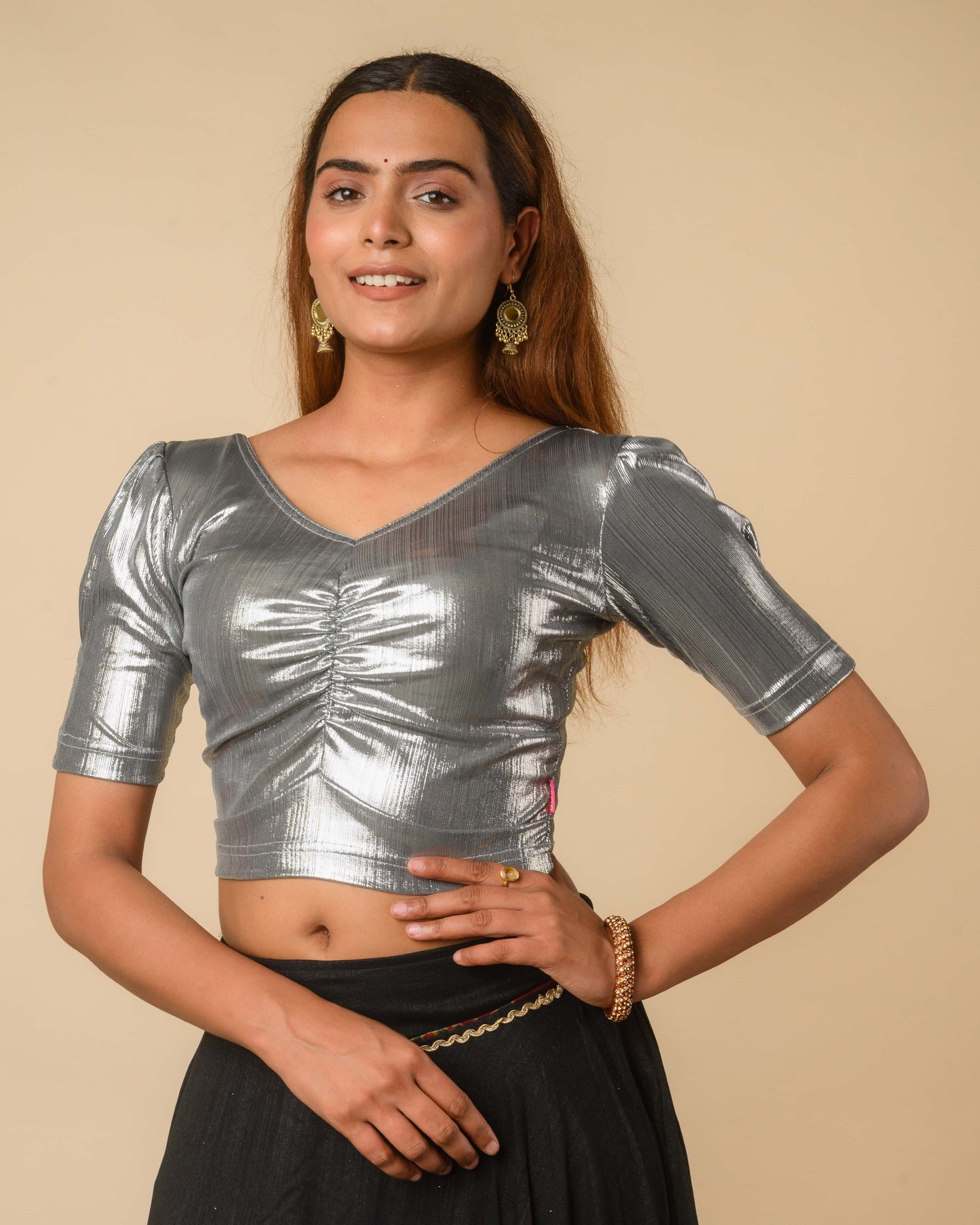 Sultana Silver Black Metallic Puff Sleeve Stretchable Saree Blouse Advi