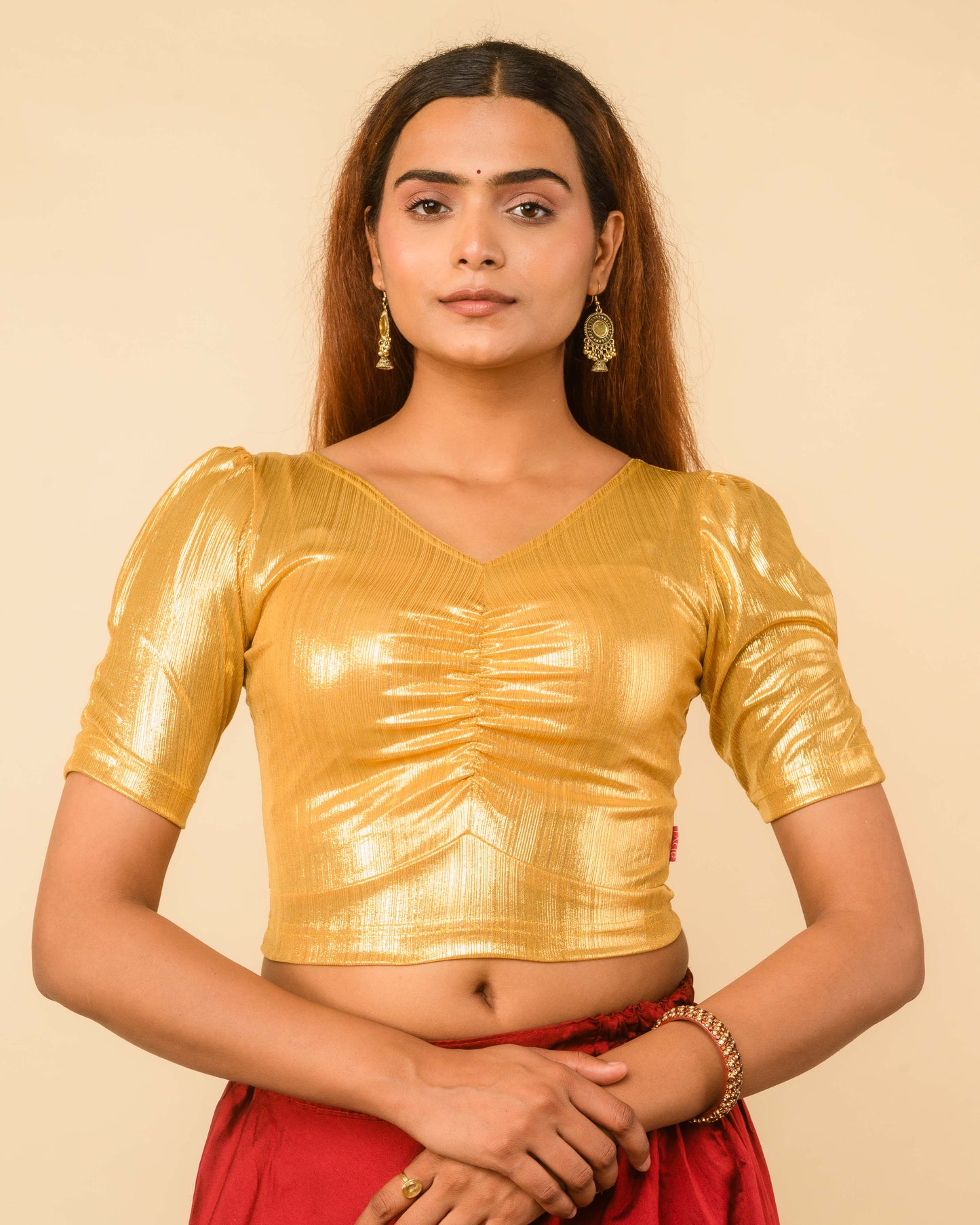 Sultana Yellow Gold Metallic Puff Sleeve Stretchable Saree Blouse Advi