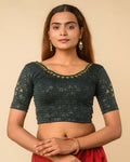 Chamkila Bottle Green Zari Embroidered Readymade Stretchable Saree Blouse Advi