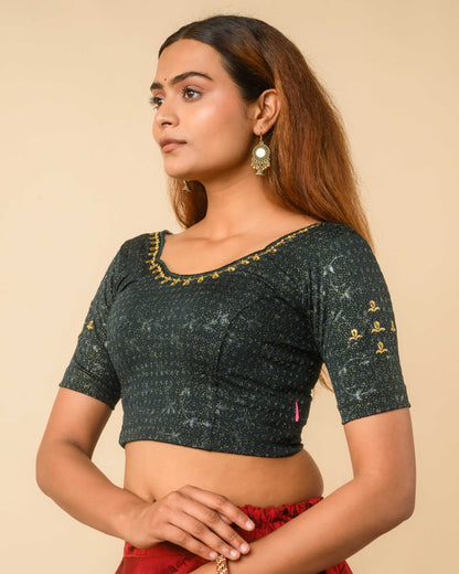 Chamkila Bottle Green Zari Embroidered Readymade Stretchable Saree Blouse Advi