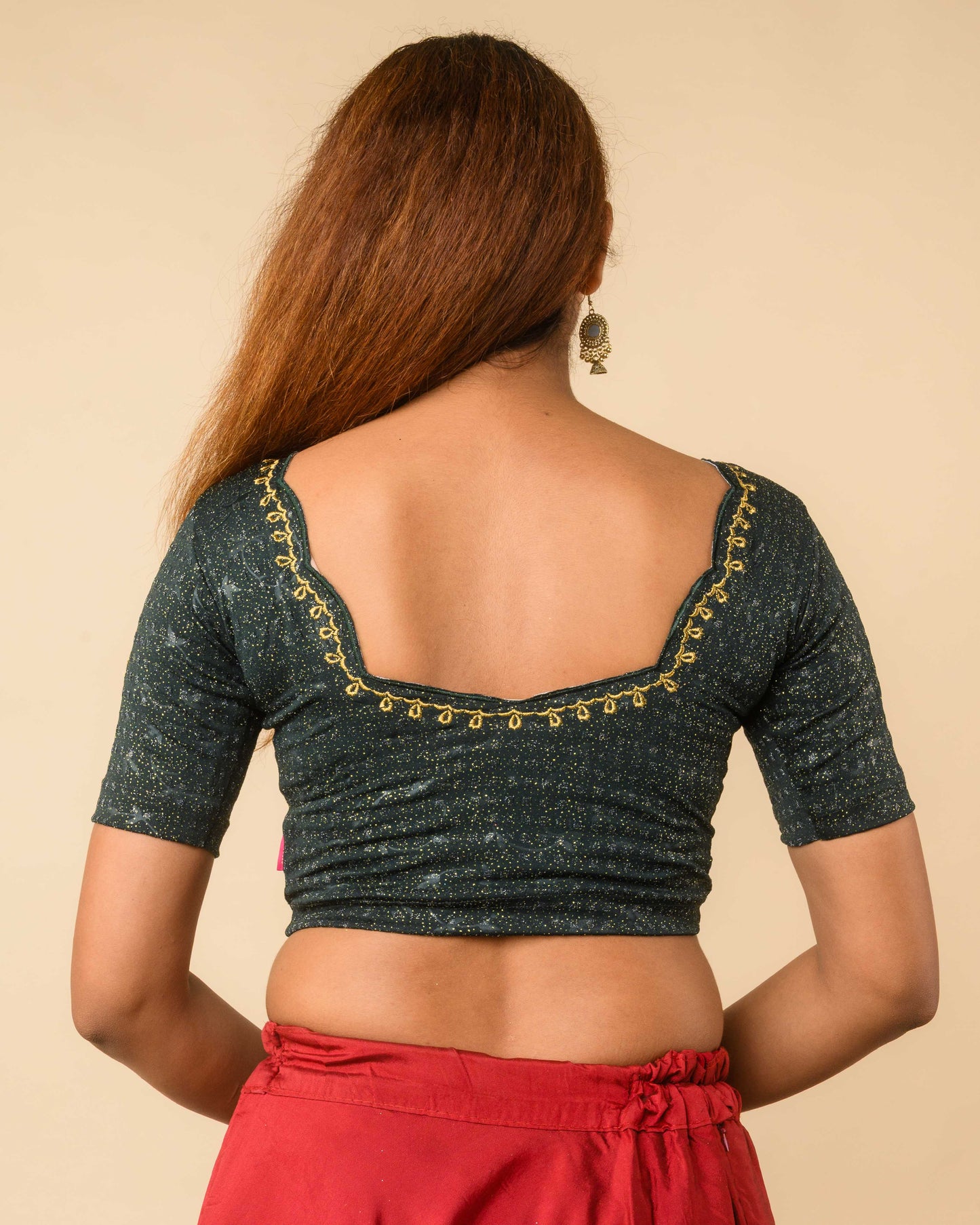 Chamkila Bottle Green Zari Embroidered Readymade Stretchable Saree Blouse Advi