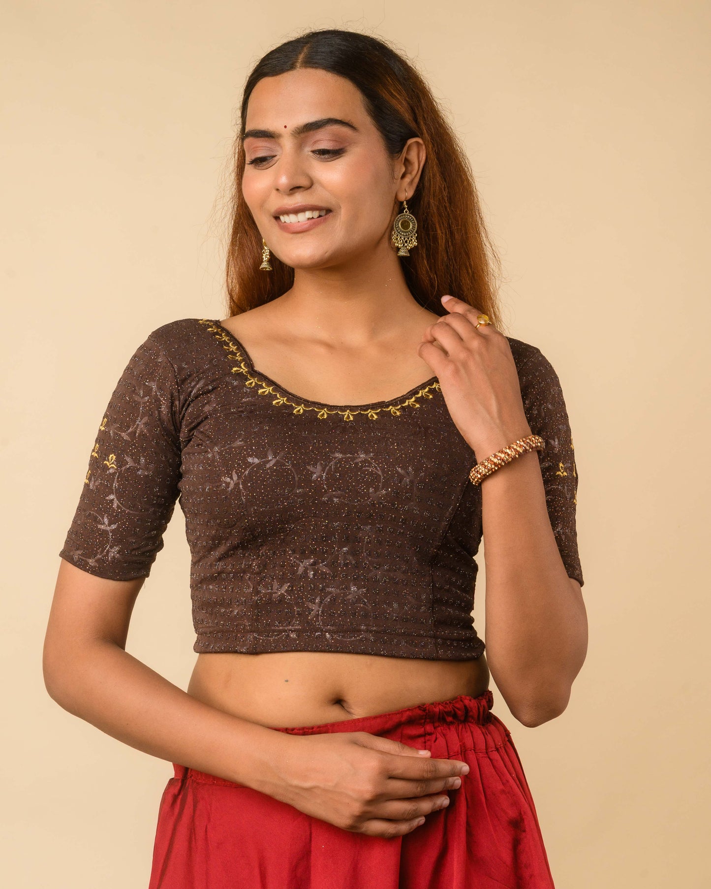 Chamkila Coffee Zari Embroidered Readymade Stretchable Saree Blouse Advi