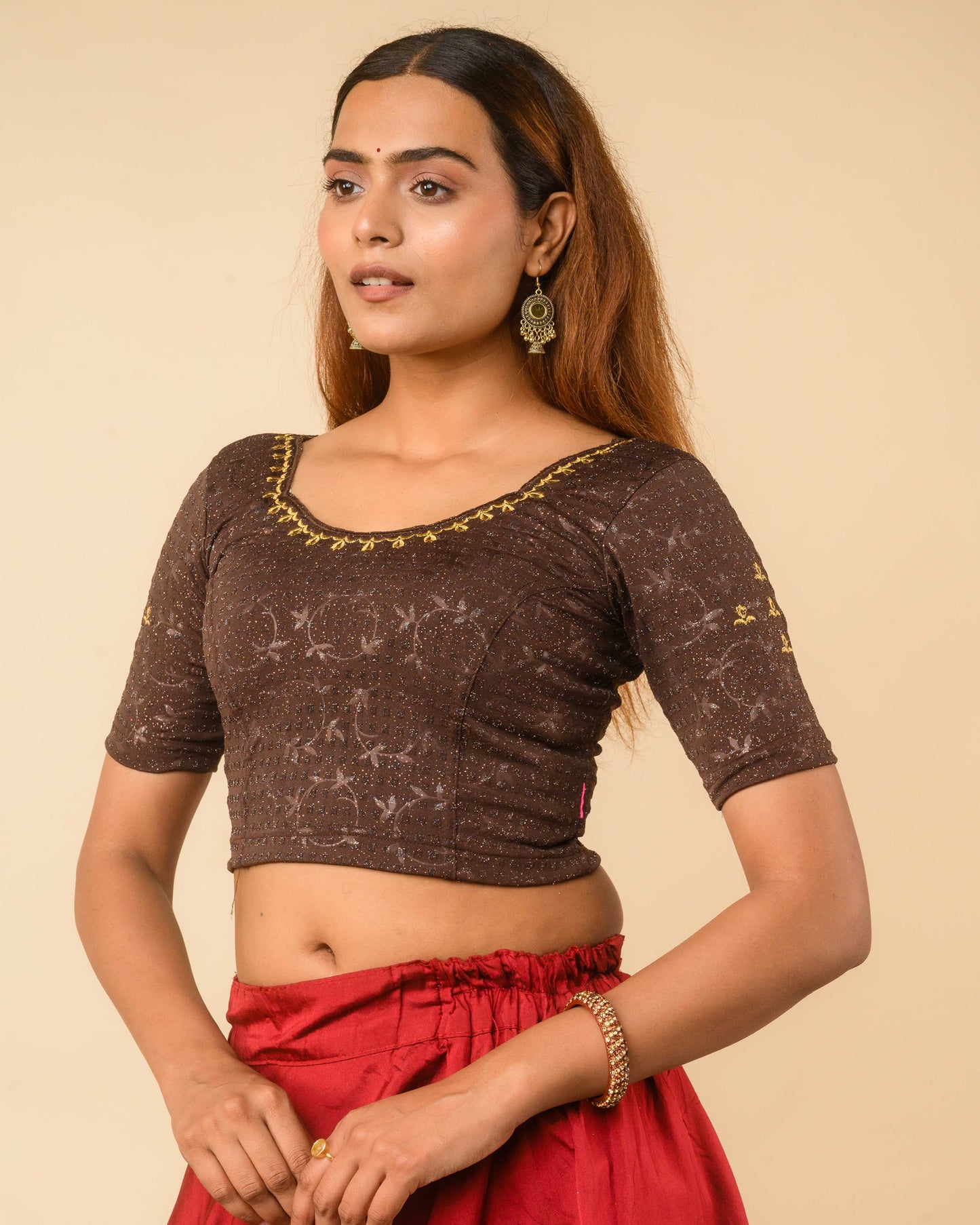 Chamkila Coffee Zari Embroidered Readymade Stretchable Saree Blouse Advi