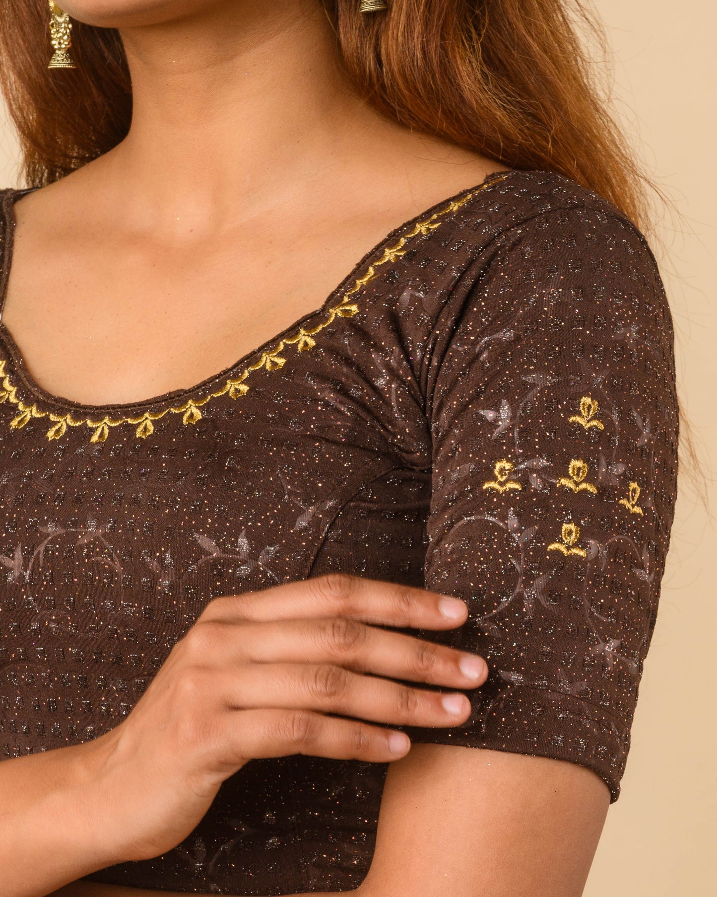 Chamkila Coffee Zari Embroidered Readymade Stretchable Saree Blouse Advi