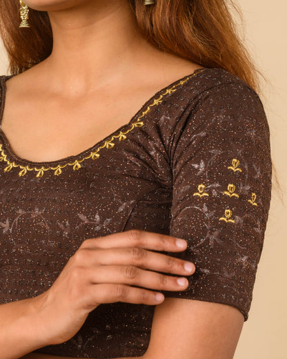 Chamkila Coffee Zari Embroidered Readymade Stretchable Saree Blouse Advi