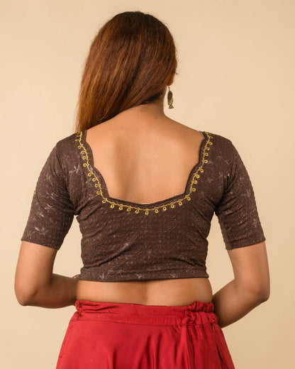 Chamkila Coffee Zari Embroidered Readymade Stretchable Saree Blouse Advi