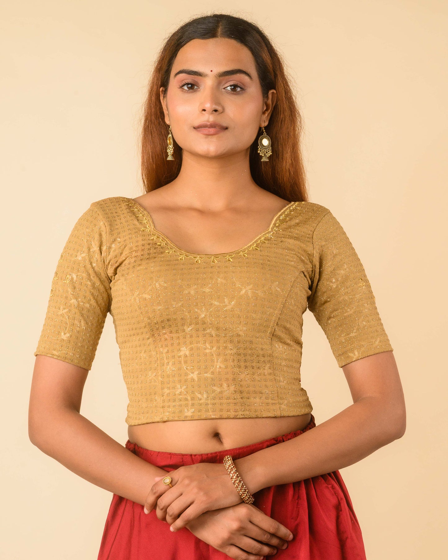 Chamkila Gold Zari Embroidered Readymade Stretchable Saree Blouse Advi