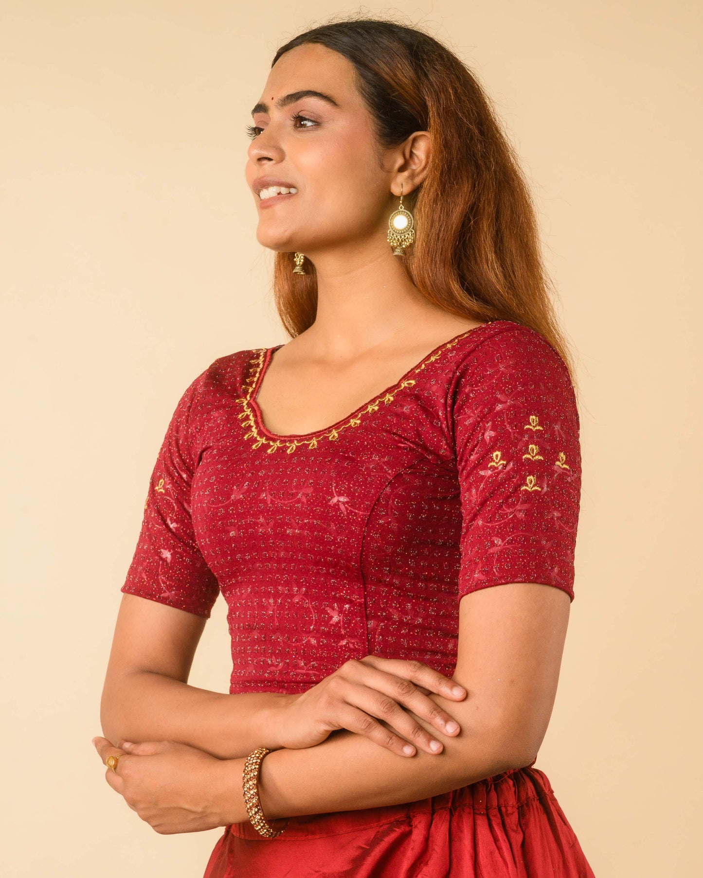 Chamkila Maroon Zari Embroidered Readymade Stretchable Saree Blouse Advi