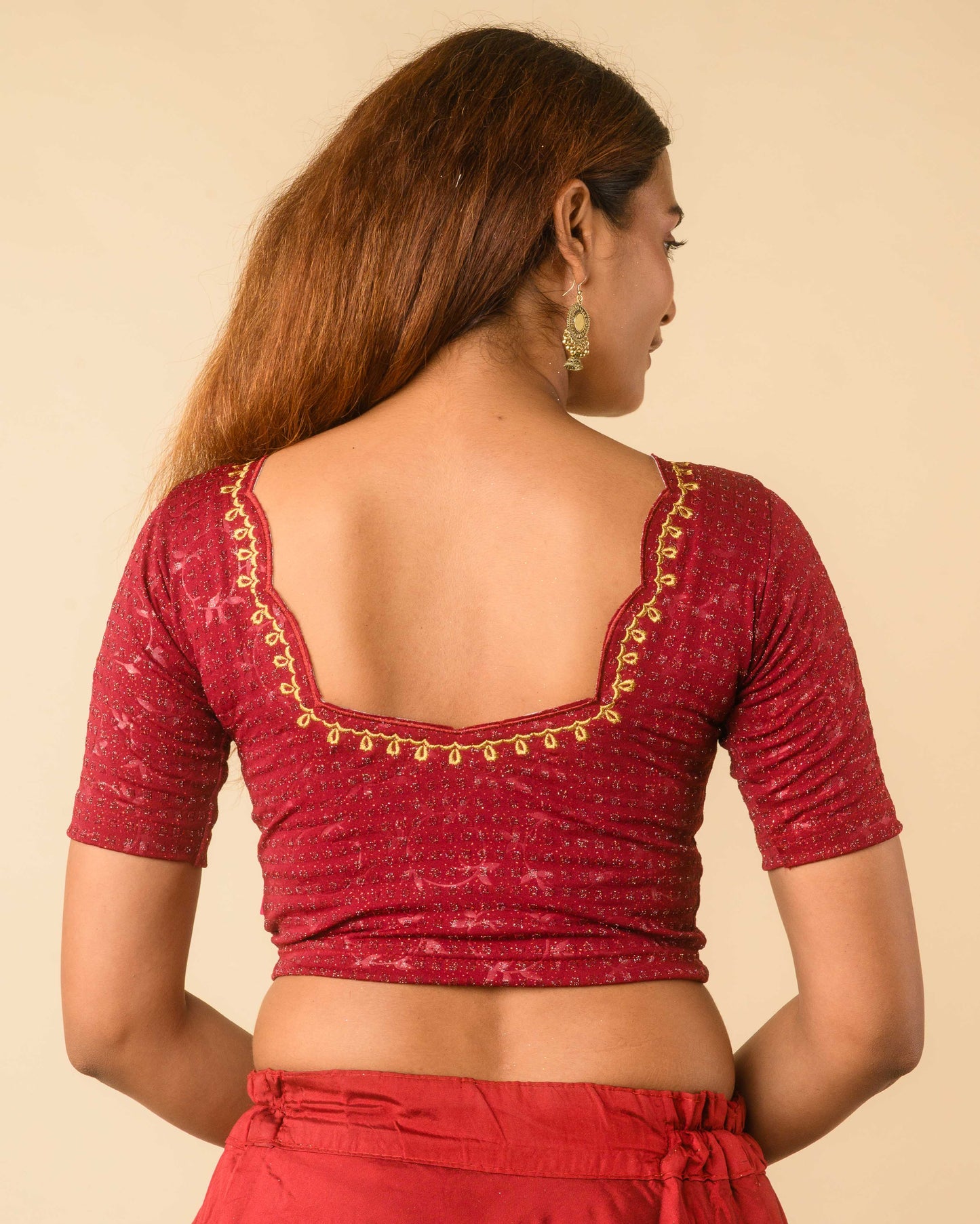 Chamkila Maroon Zari Embroidered Readymade Stretchable Saree Blouse Advi