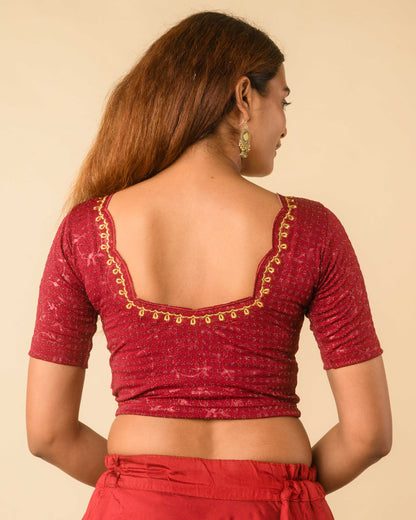 Chamkila Maroon Zari Embroidered Readymade Stretchable Saree Blouse Advi