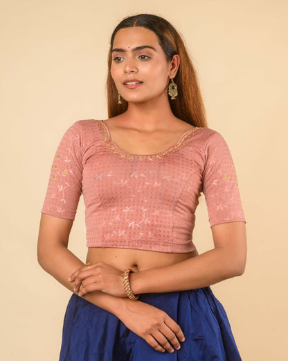 Chamkila Mocha Zari Embroidered Readymade Stretchable Saree Blouse Advi